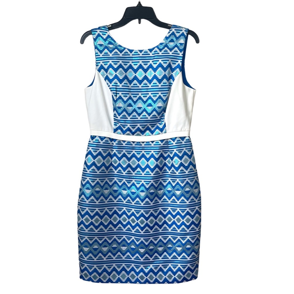 Belle Badgley Mischka color block metallic aztec sheath dress sz 8 chevron print